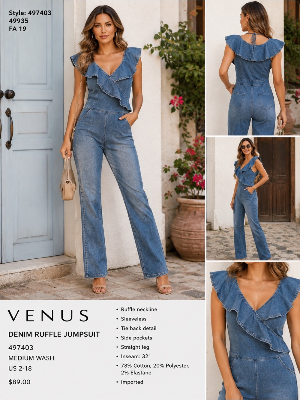 VENUS Medium Wash Blue Denim Ruffle Jumpsuit